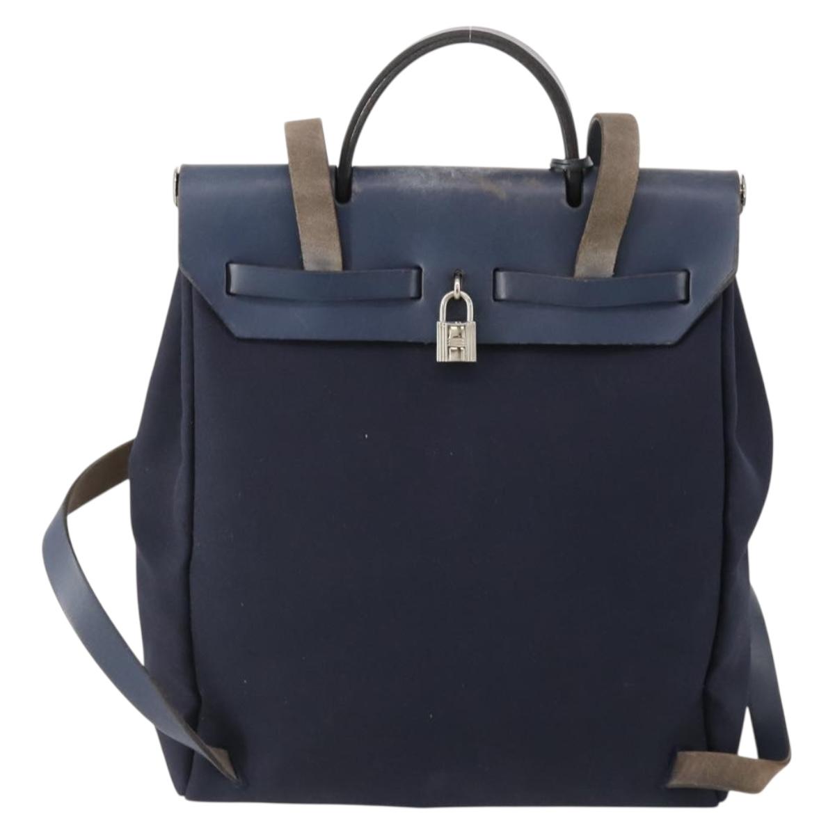 HERMES Her Line Herbag Ad Backpack Canvas Navy Silver Auth ep14037