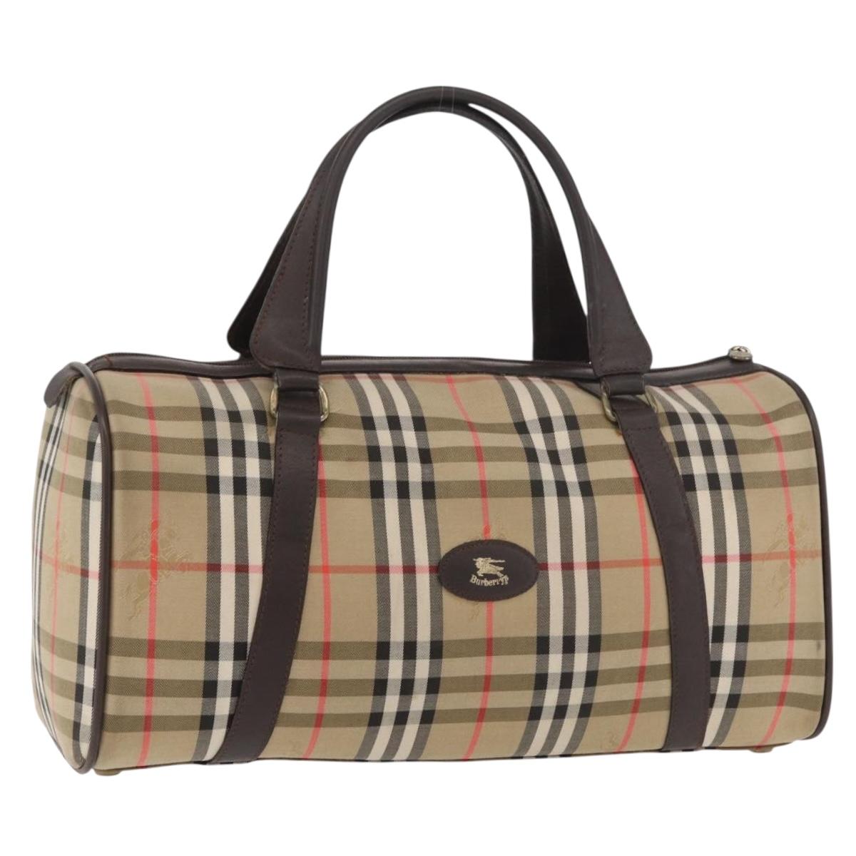 Burberrys Nova Check Boston Bag Canvas Beige Gold Auth ep14038