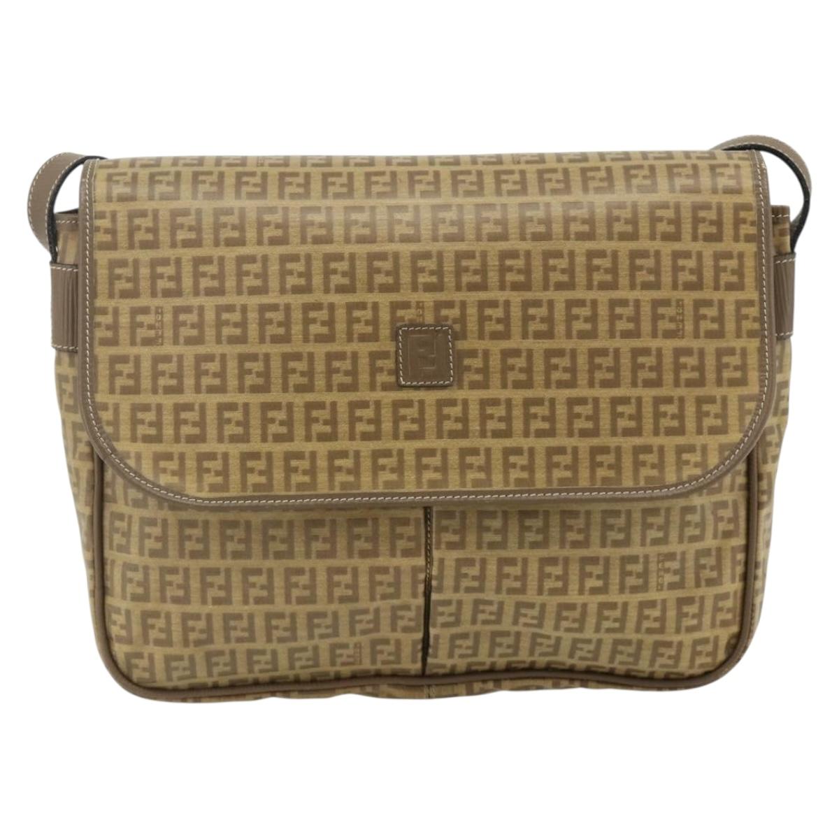 FENDI Zucchino Canvas Shoulder Bag Coated Canvas Beige Gold Auth ep14053