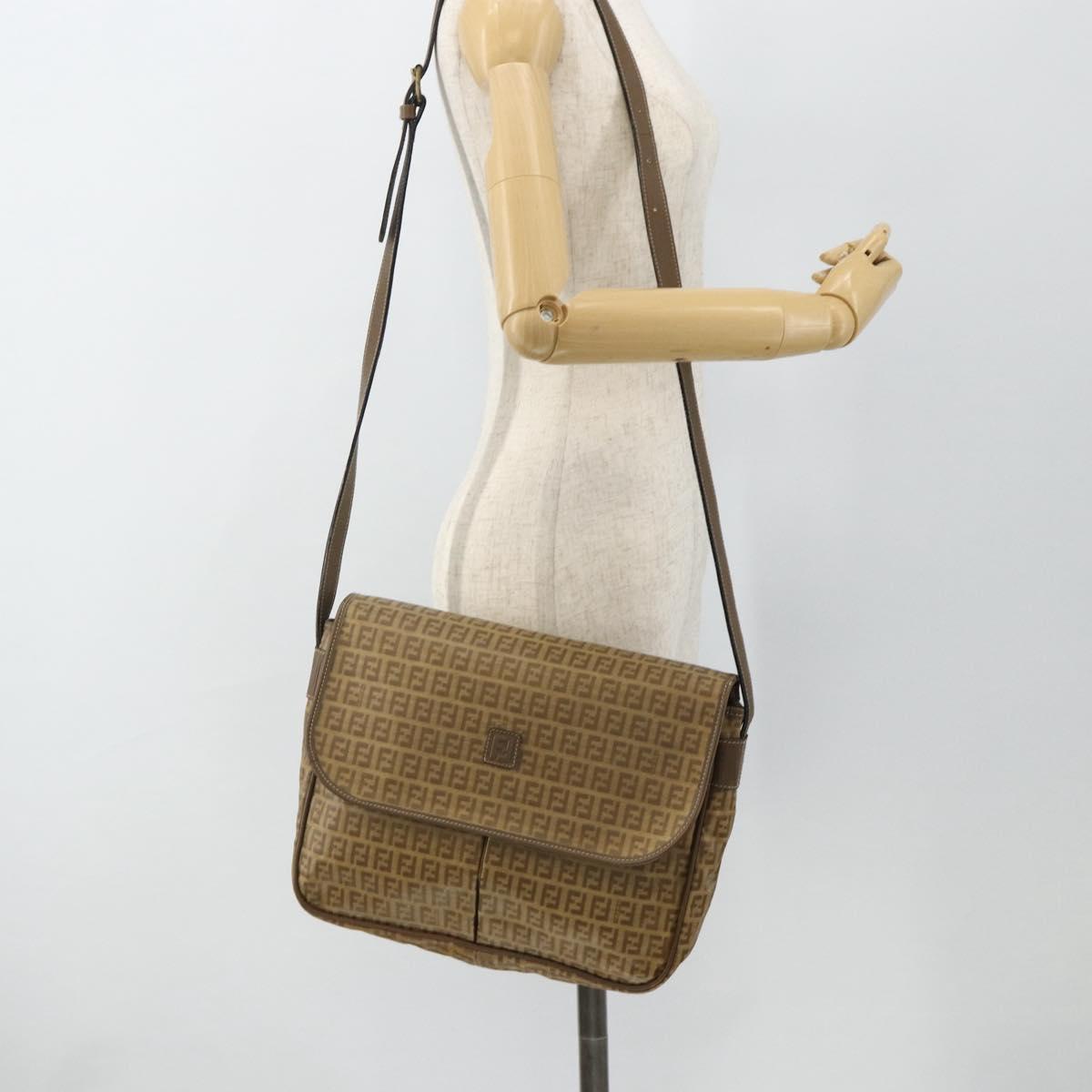 FENDI Zucchino Canvas Shoulder Bag Coated Canvas Beige Gold Auth ep14053