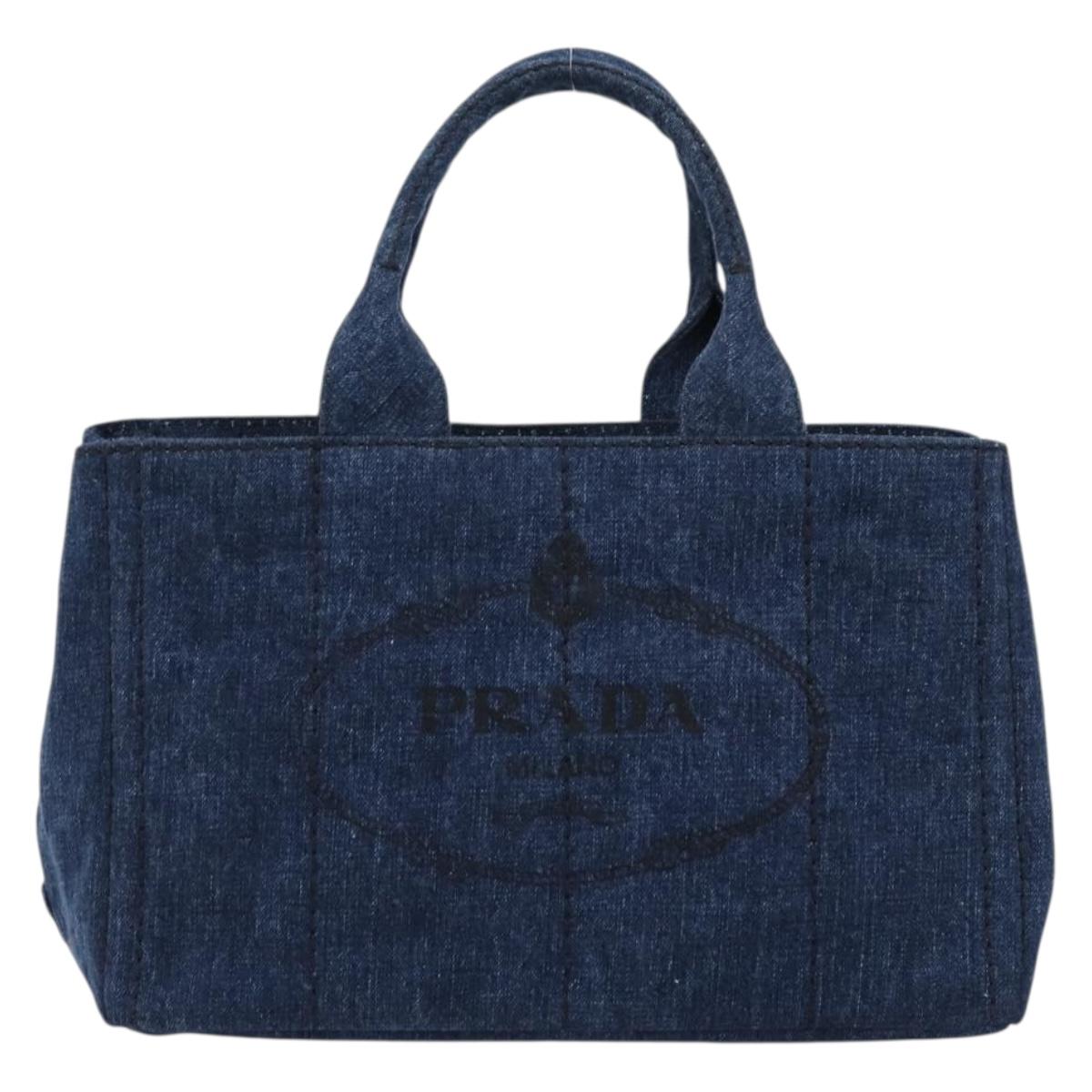 PRADA Canapa MM Hand Bag Denim Blue Gold Auth ep14070A