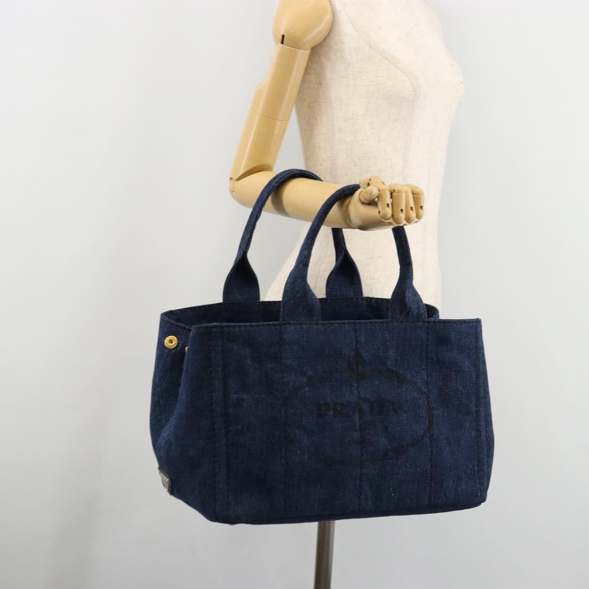 PRADA Canapa MM Hand Bag Denim Blue Gold Auth ep14070A