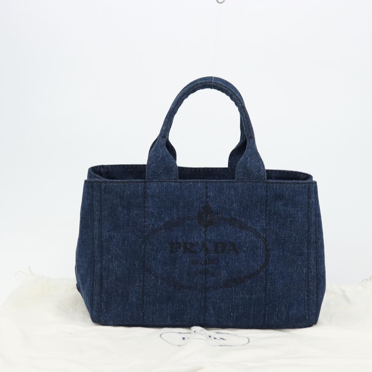 PRADA Canapa MM Hand Bag Denim Blue Gold Auth ep14070A