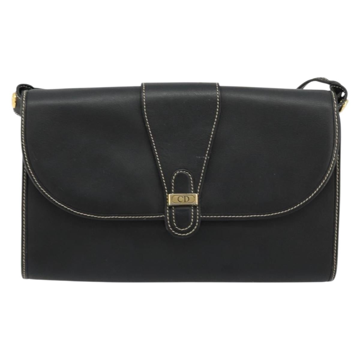 Christian Dior Shoulder Bag Leather Black Gold Auth ep14089