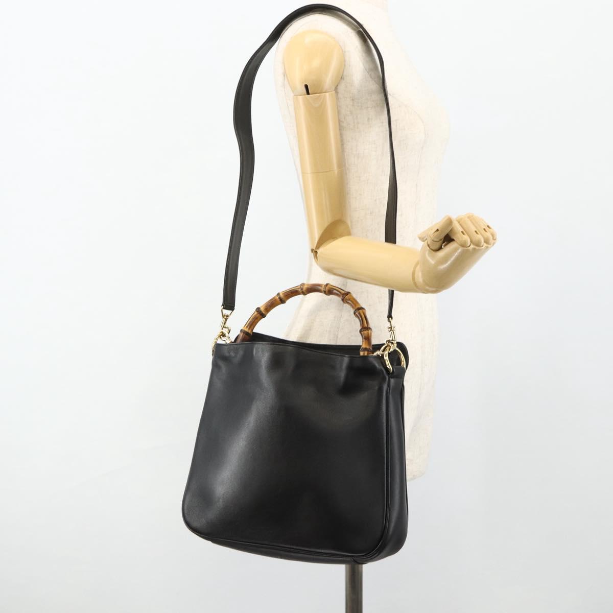 GUCCI Bamboo Shoulder Bag Leather 2way Black Gold 001 1998 1638 Auth ep14094