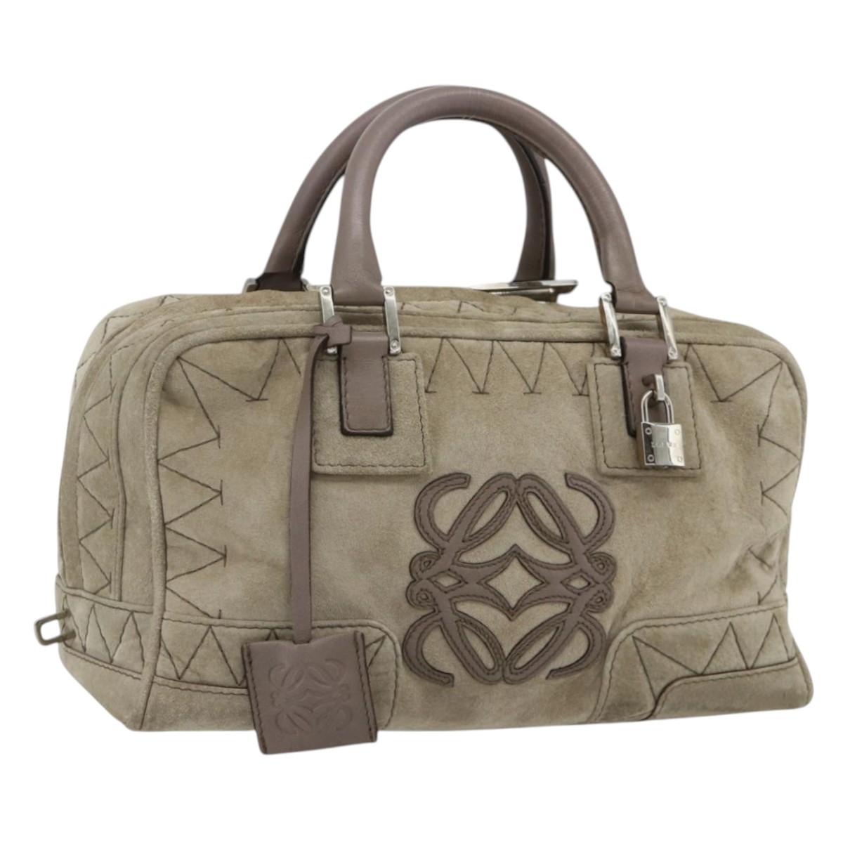 LOEWE Anagram Americana 28 Hand Bag Suede Beige Silver Auth ep14101A