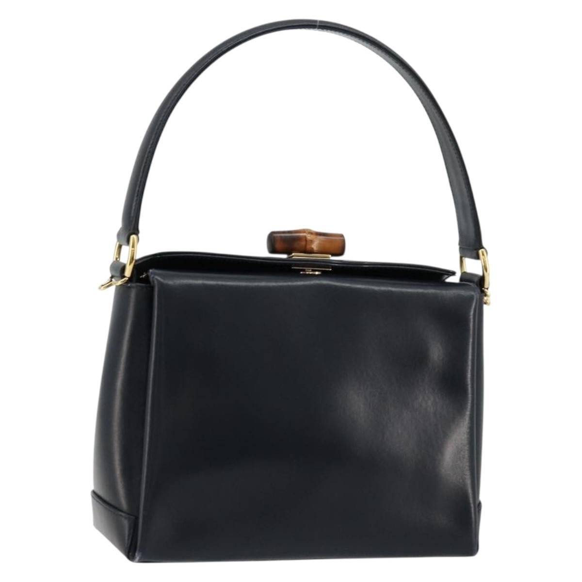 GUCCI Bamboo Hand Bag Leather Navy Gold Auth ep14132