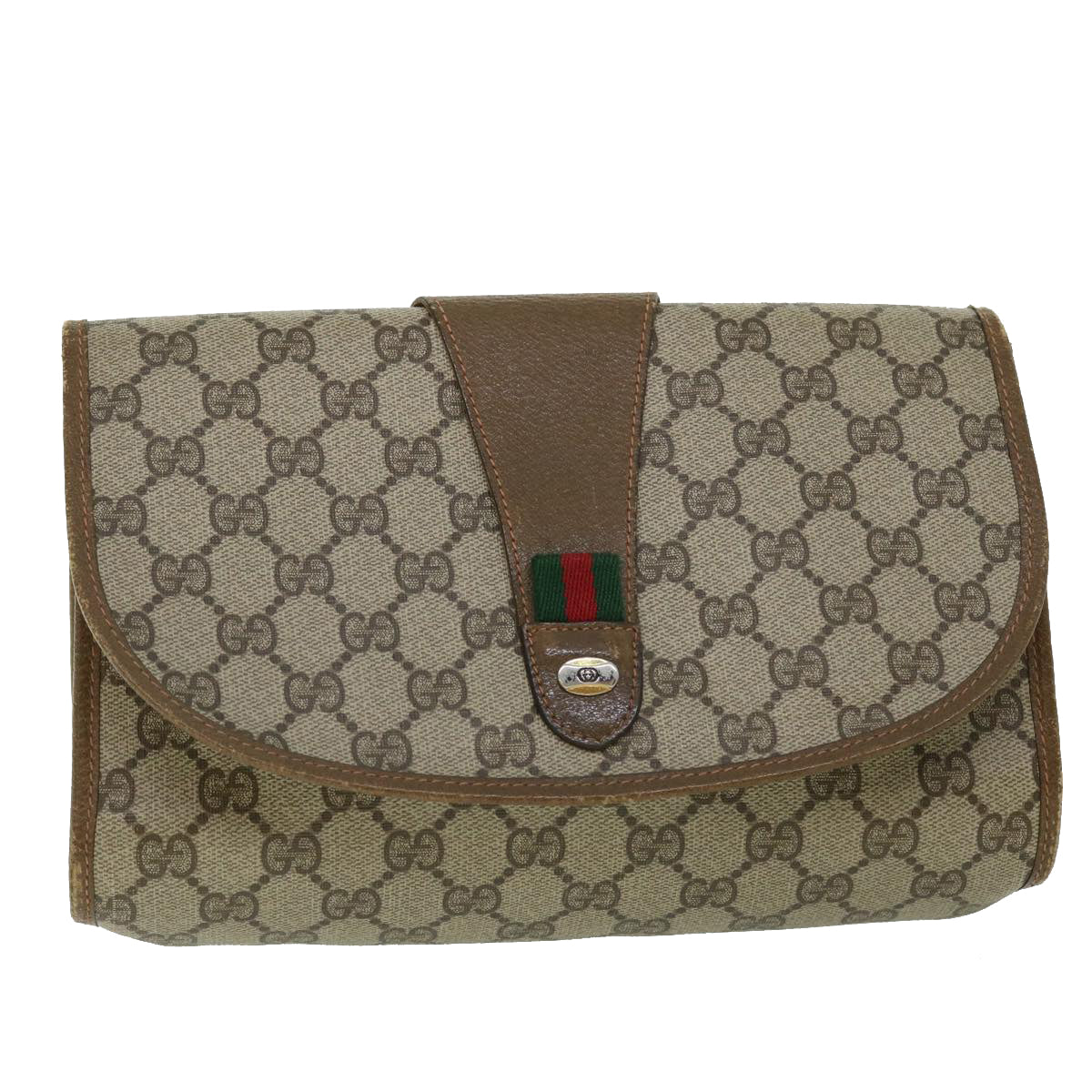 GUCCI GG Canvas Web Sherry Line Clutch Bag PVC Leather Beige Red Auth ep1418