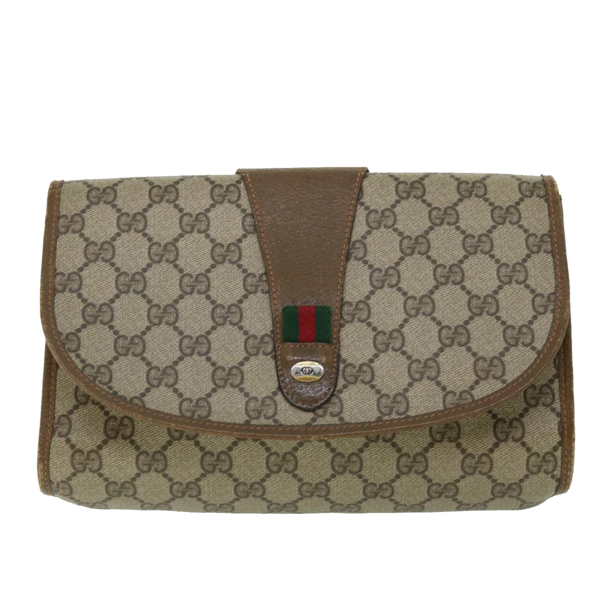 GUCCI GG Canvas Web Sherry Line Clutch Bag PVC Leather Beige Red Auth ep1418