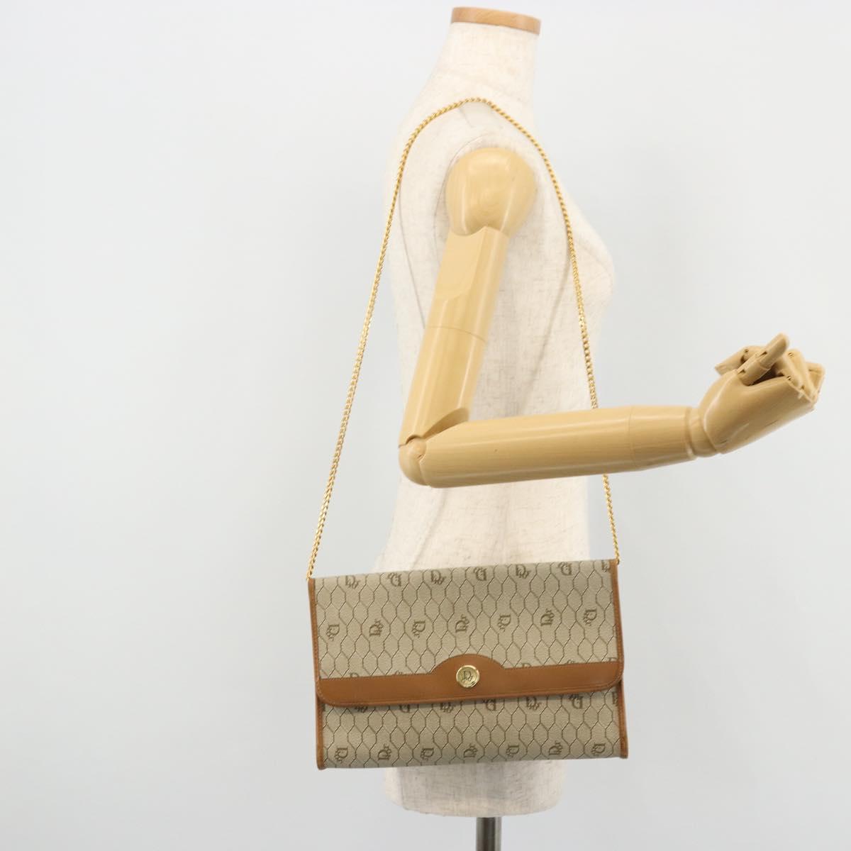 Christian Dior Honeycomb Canvas Chain Shoulder Bag PVC Beige Gold Auth ep14180