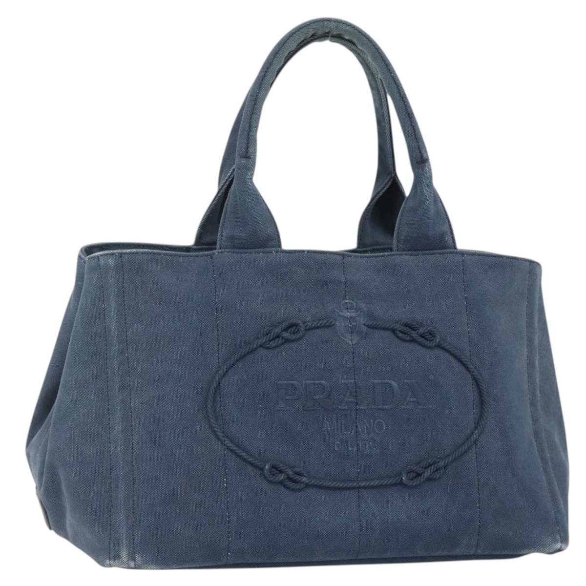 PRADA Canapa M Hand Bag Canvas Navy Gold Auth ep14222
