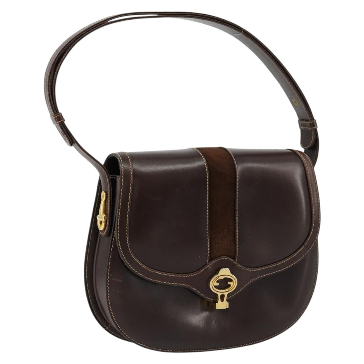 GUCCI Shoulder Bag Leather Brown Gold Auth ep14223