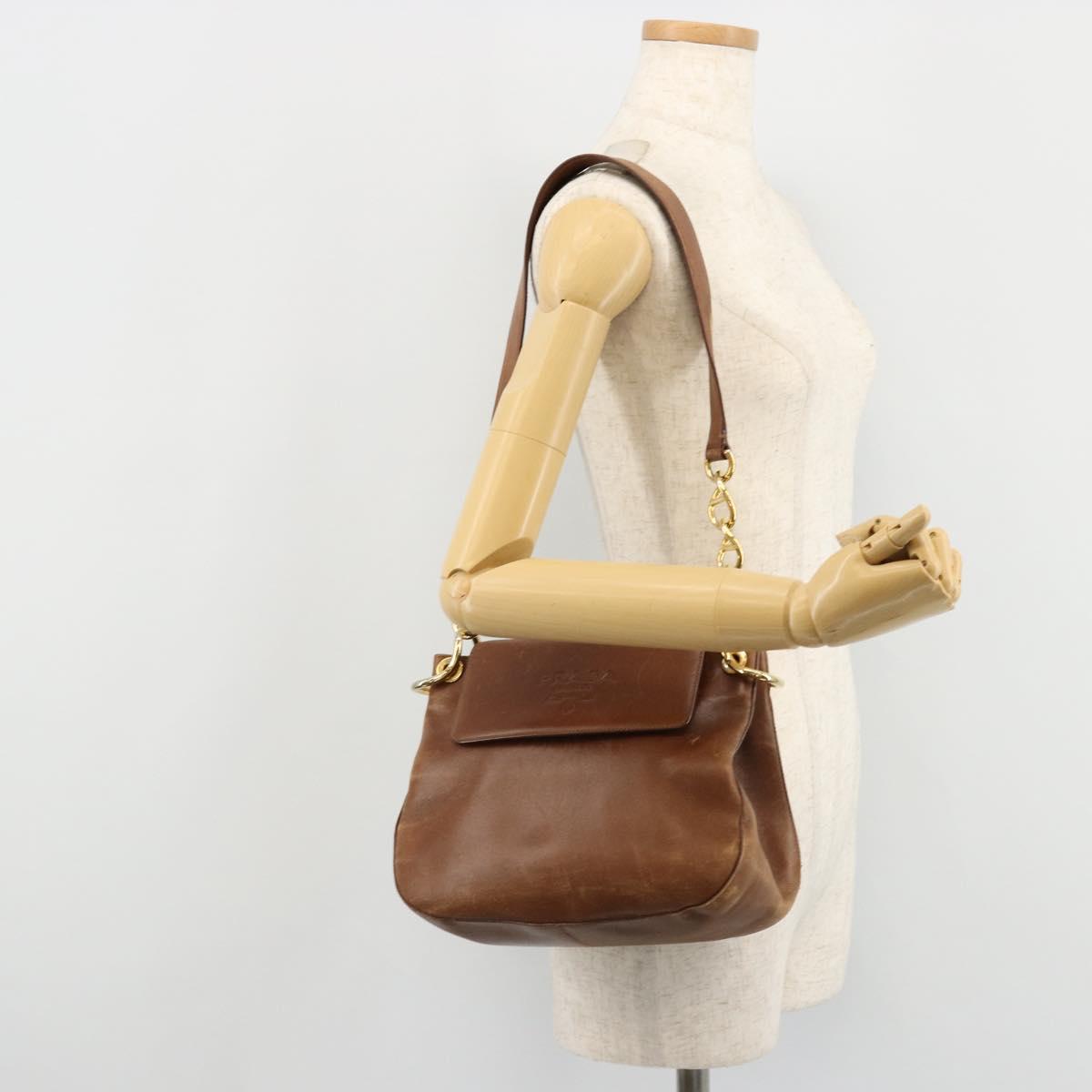 PRADA Shoulder Bag Leather Brown Gold Auth ep14232