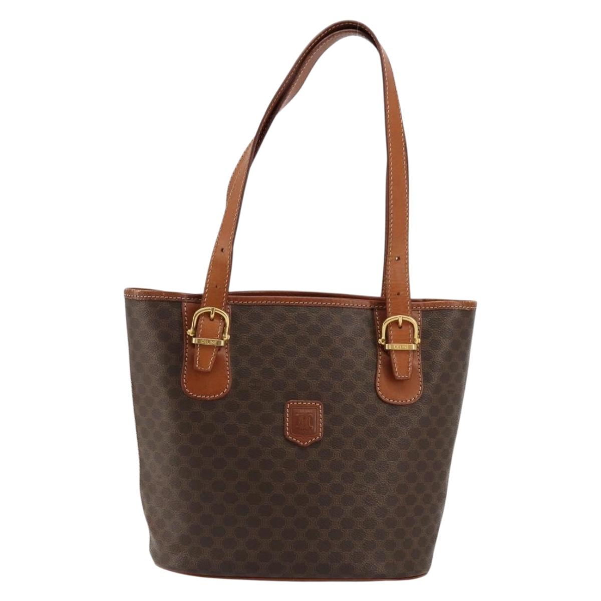 CELINE Macadam Canvas Tote Bag PVC Leather Brown Gold Auth ep14253