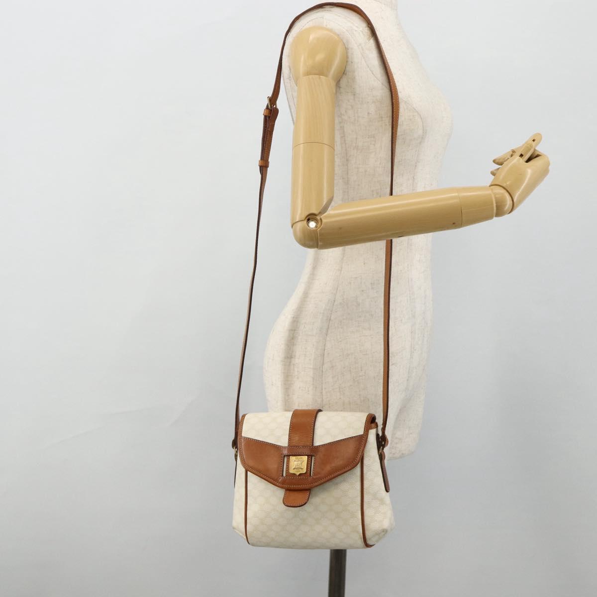 CELINE Macadam Canvas Shoulder Bag PVC Leather White Gold Auth ep14261