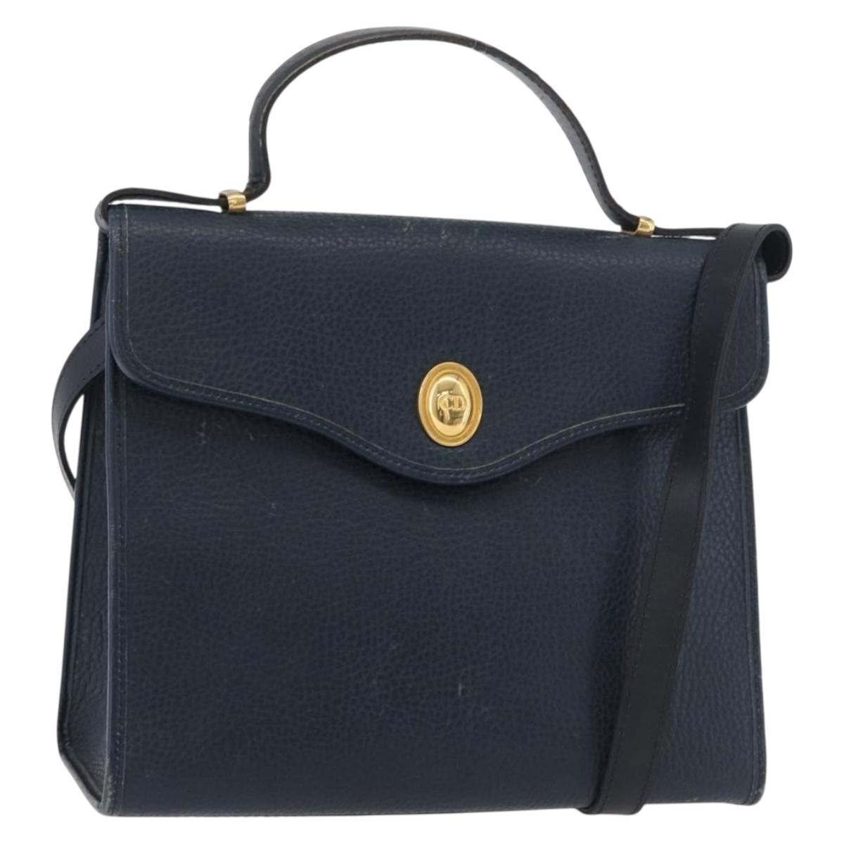 Christian Dior Hand Bag Leather 2way Navy Gold Auth ep14265