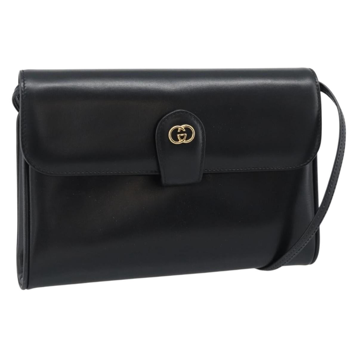 GUCCI Shoulder Bag Leather Black Gold Auth ep14267A