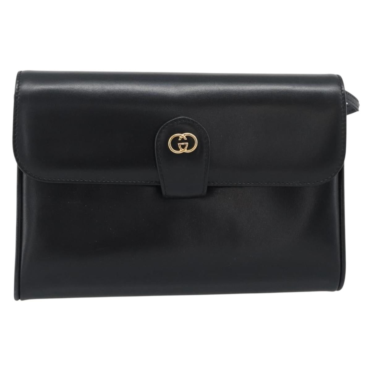 GUCCI Shoulder Bag Leather Black Gold Auth ep14267A