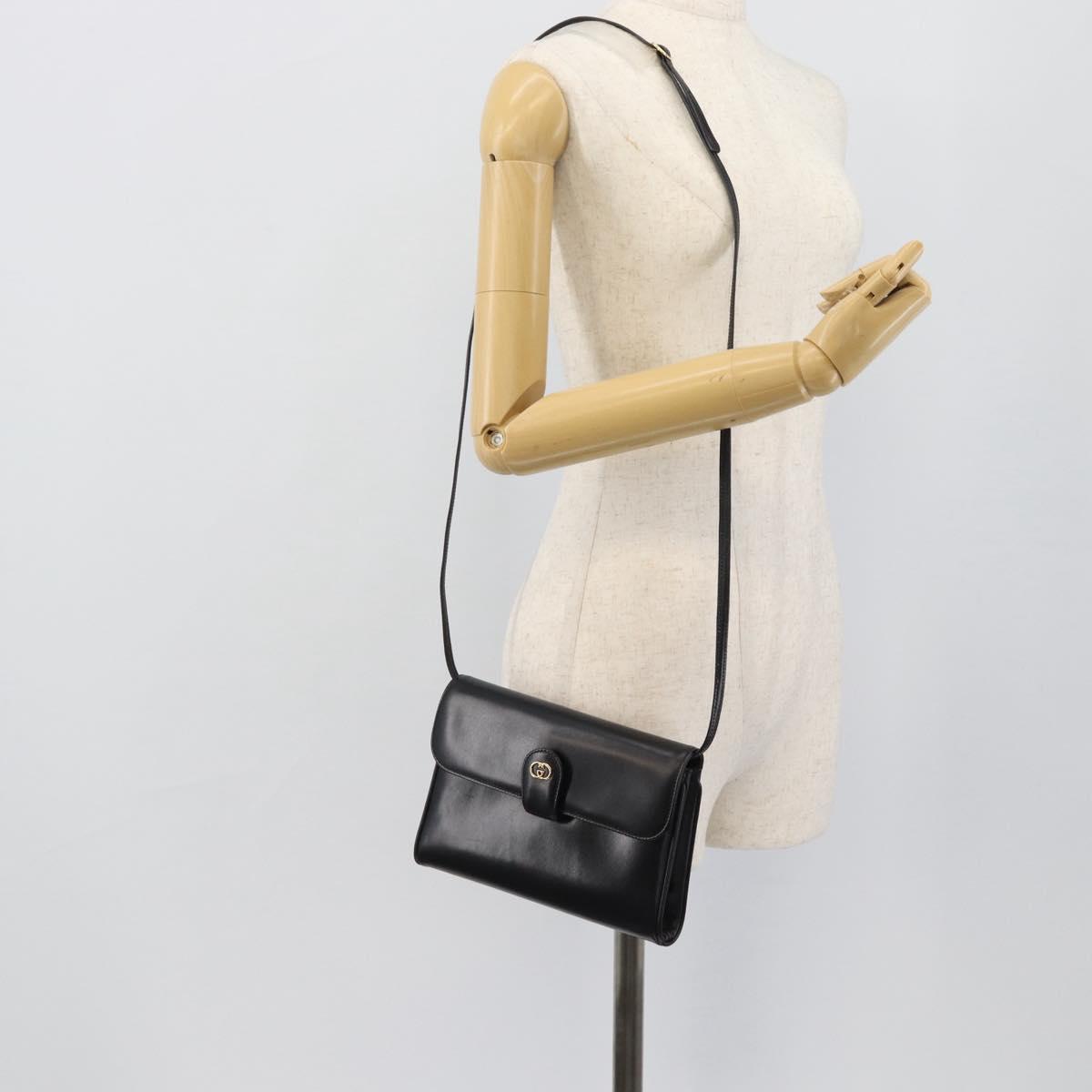 GUCCI Shoulder Bag Leather Black Gold Auth ep14267A