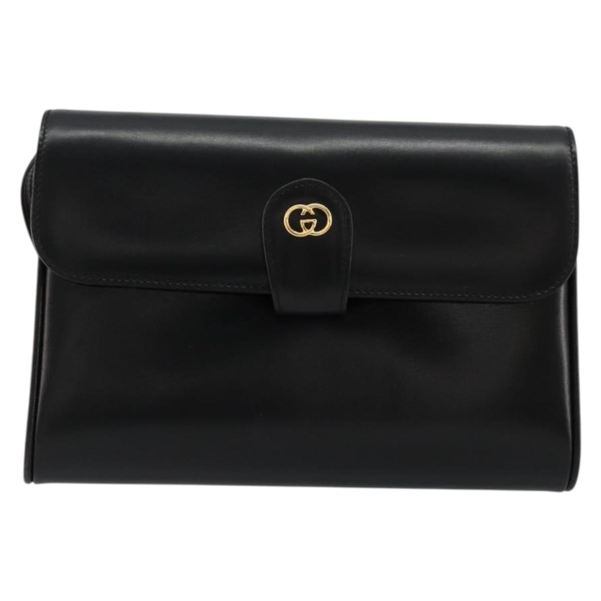 GUCCI Shoulder Bag Leather Black Gold Auth ep14267A