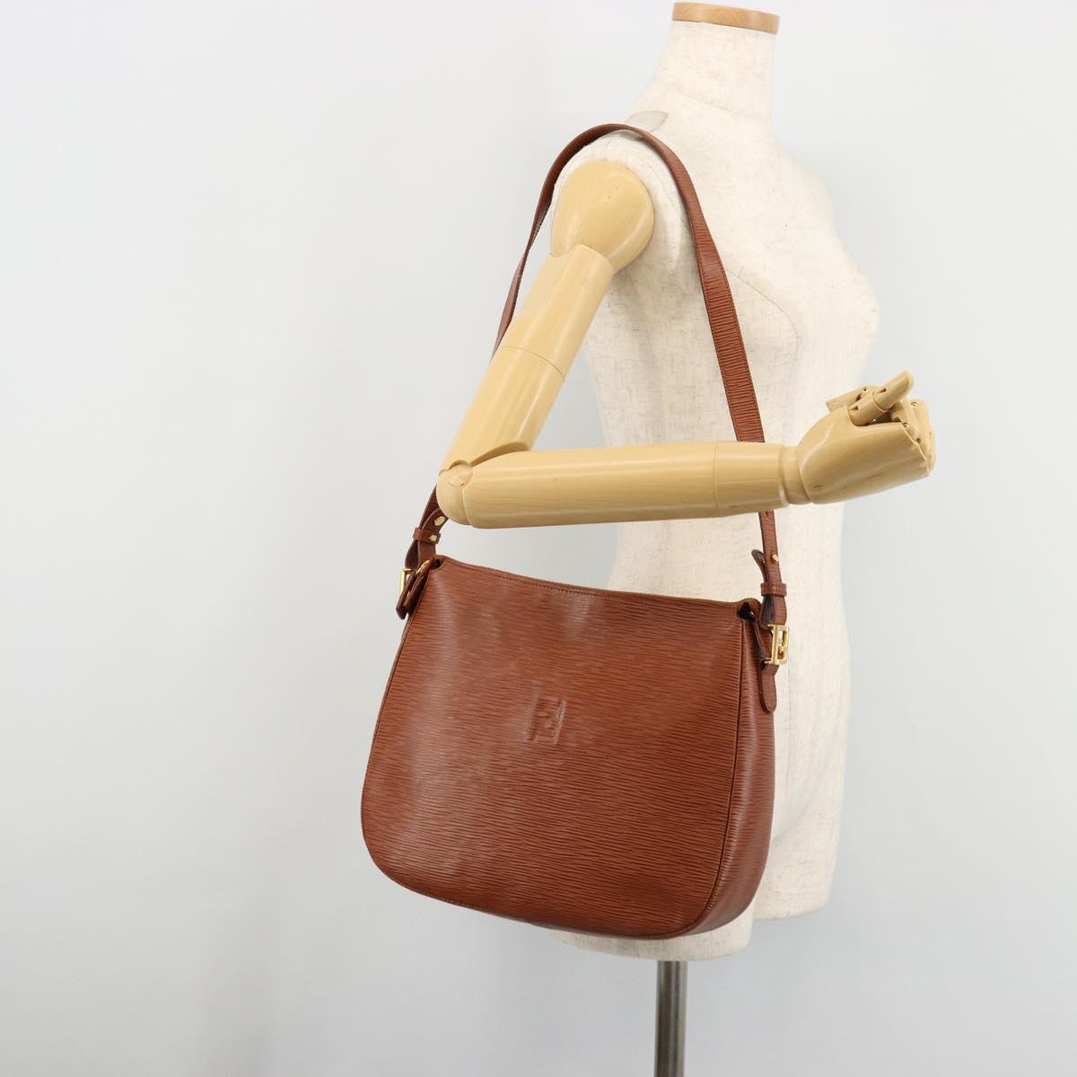 FENDI Shoulder Bag Leather Brown Gold Auth ep14286A