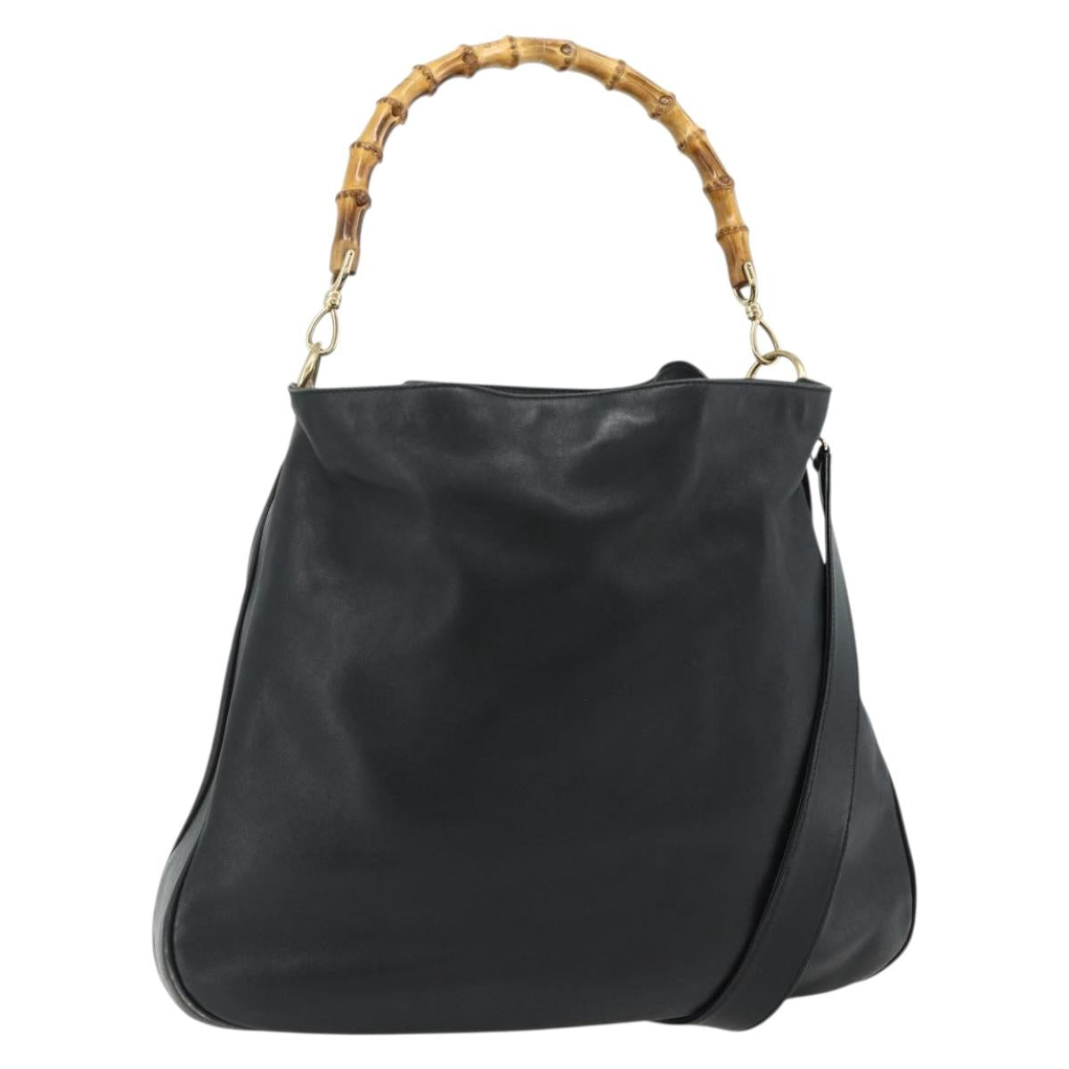 GUCCI Bamboo Shoulder Bag Leather 2way Black Gold 001 1577 Auth ep14290