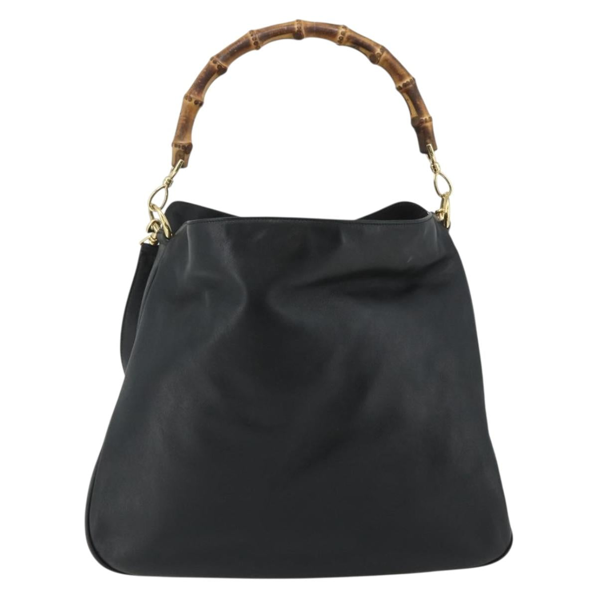 GUCCI Bamboo Hand Bag Leather 2way Black Gold 001 3754 1577 Auth ep14302