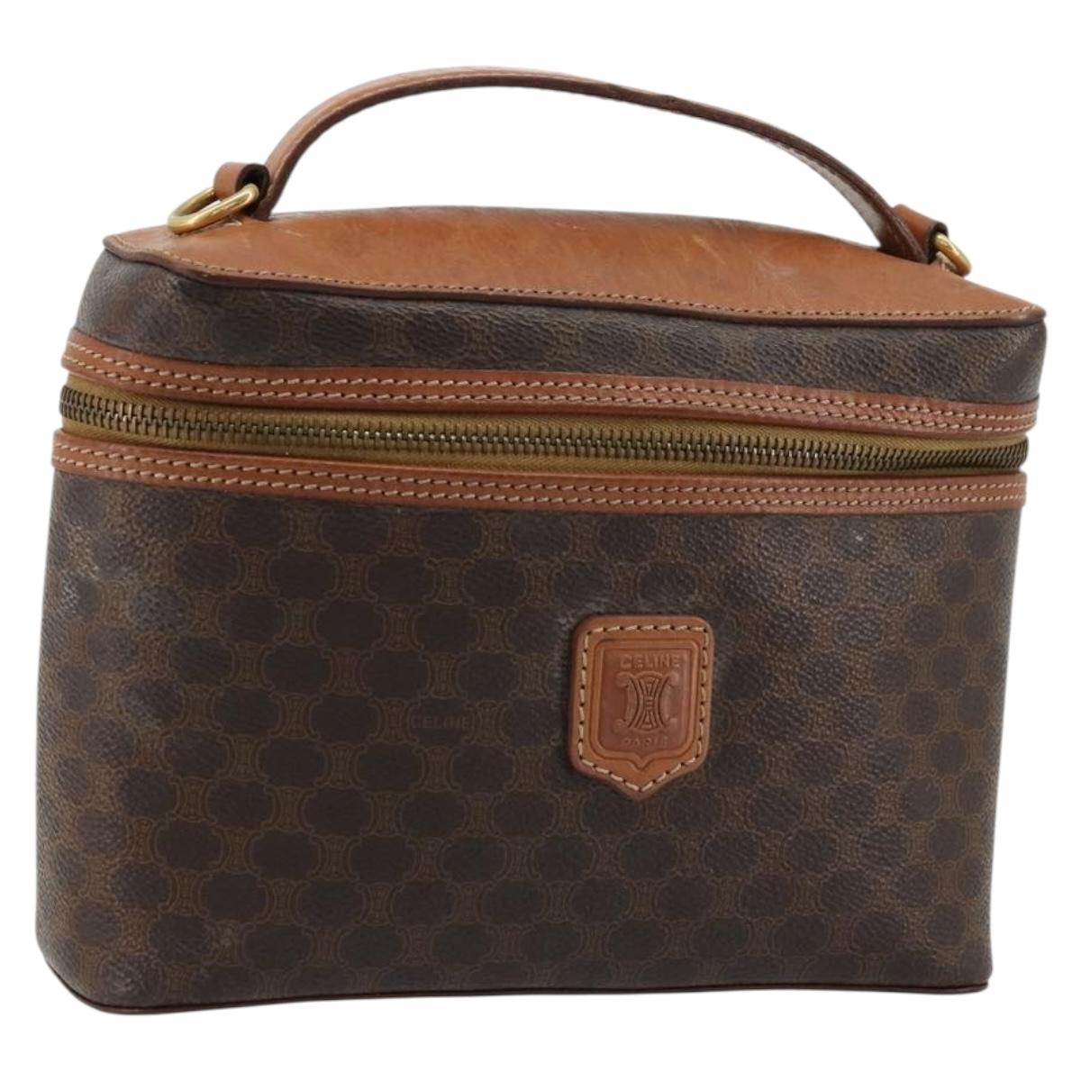CELINE Macadam Canvas Vanity Hand Bag PVC Leather Brown Gold Auth ep14305