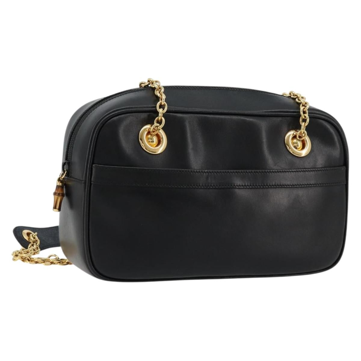 GUCCI Bamboo Chain Shoulder Bag Leather Black Gold Auth ep14306