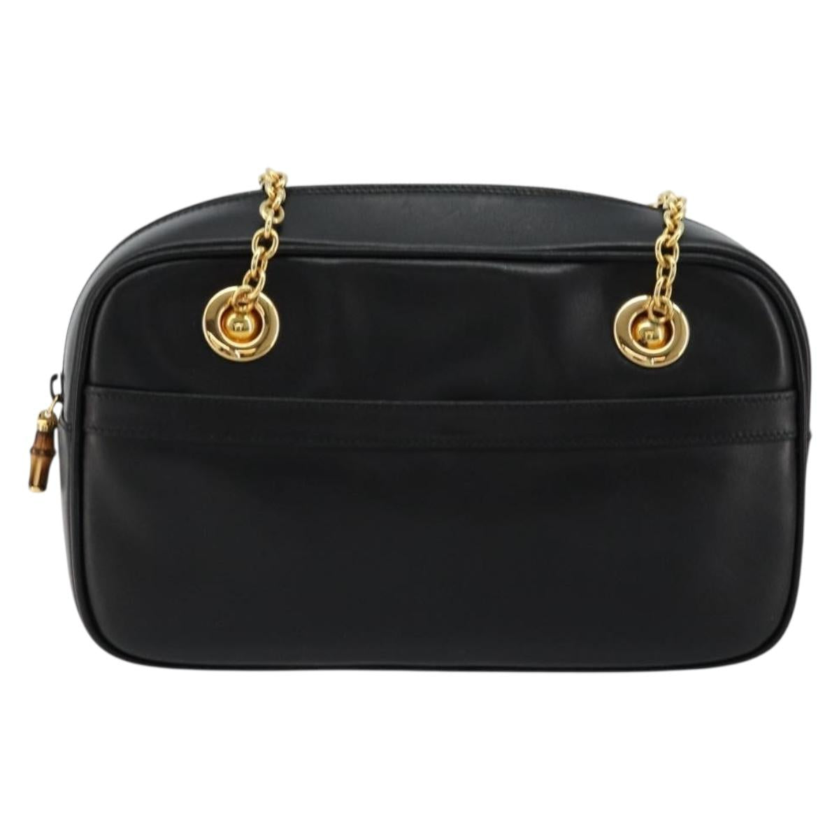GUCCI Bamboo Chain Shoulder Bag Leather Black Gold Auth ep14306