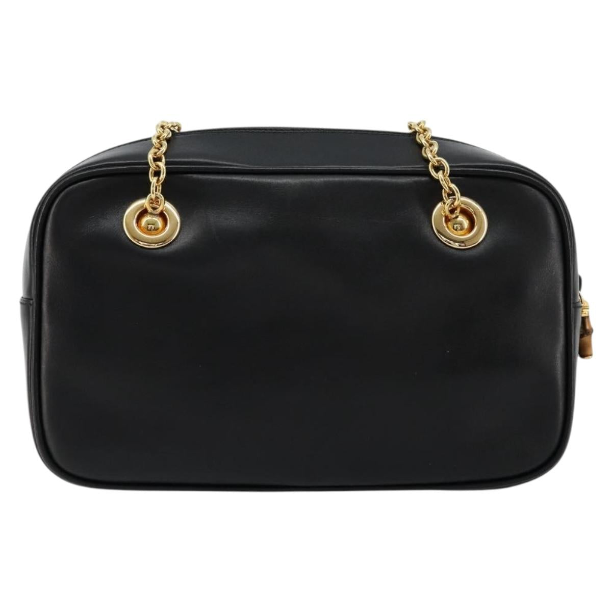 GUCCI Bamboo Chain Shoulder Bag Leather Black Gold Auth ep14306