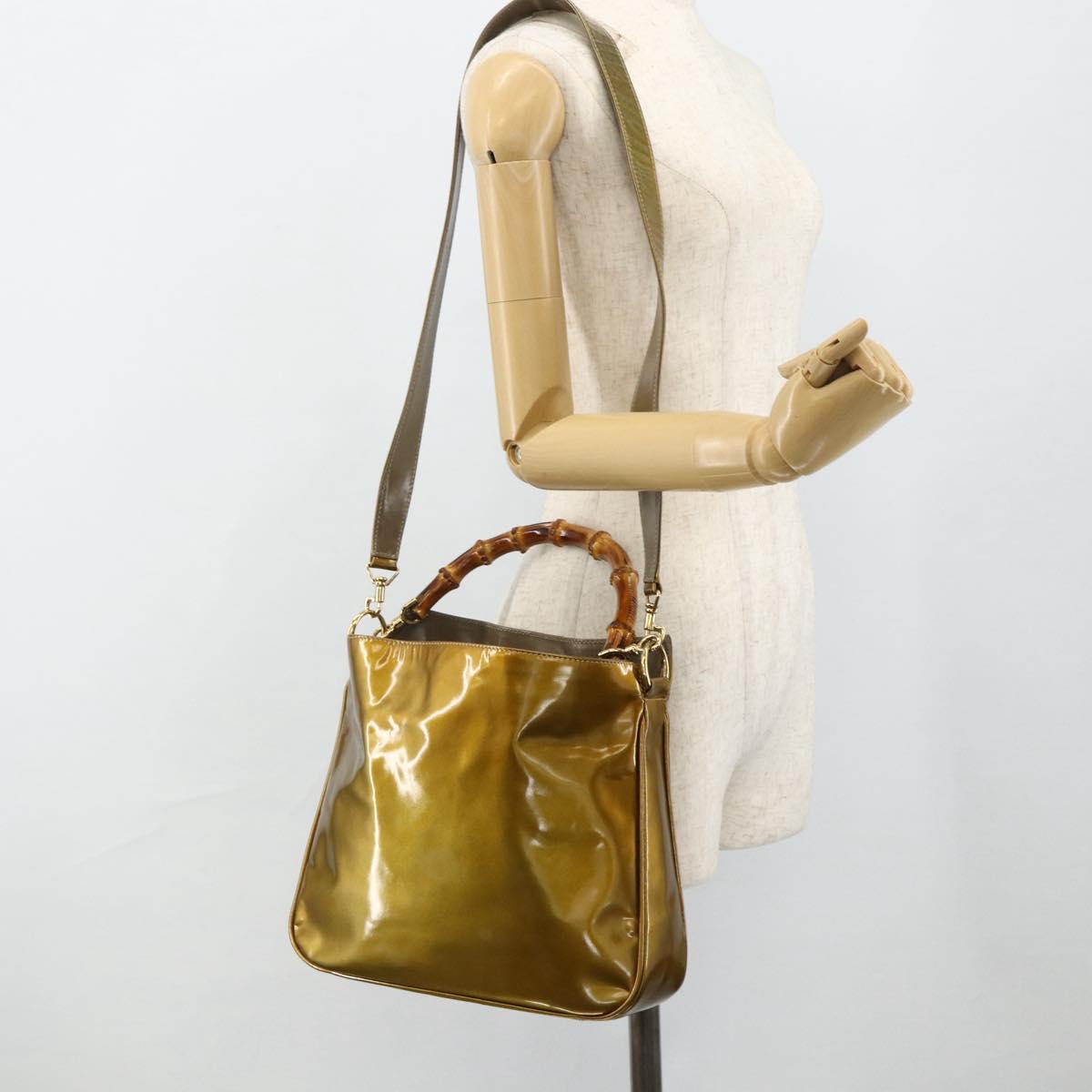 GUCCI Bamboo Hand Bag Patent Leather 2way Gold 001 1014 1638 Auth ep14385
