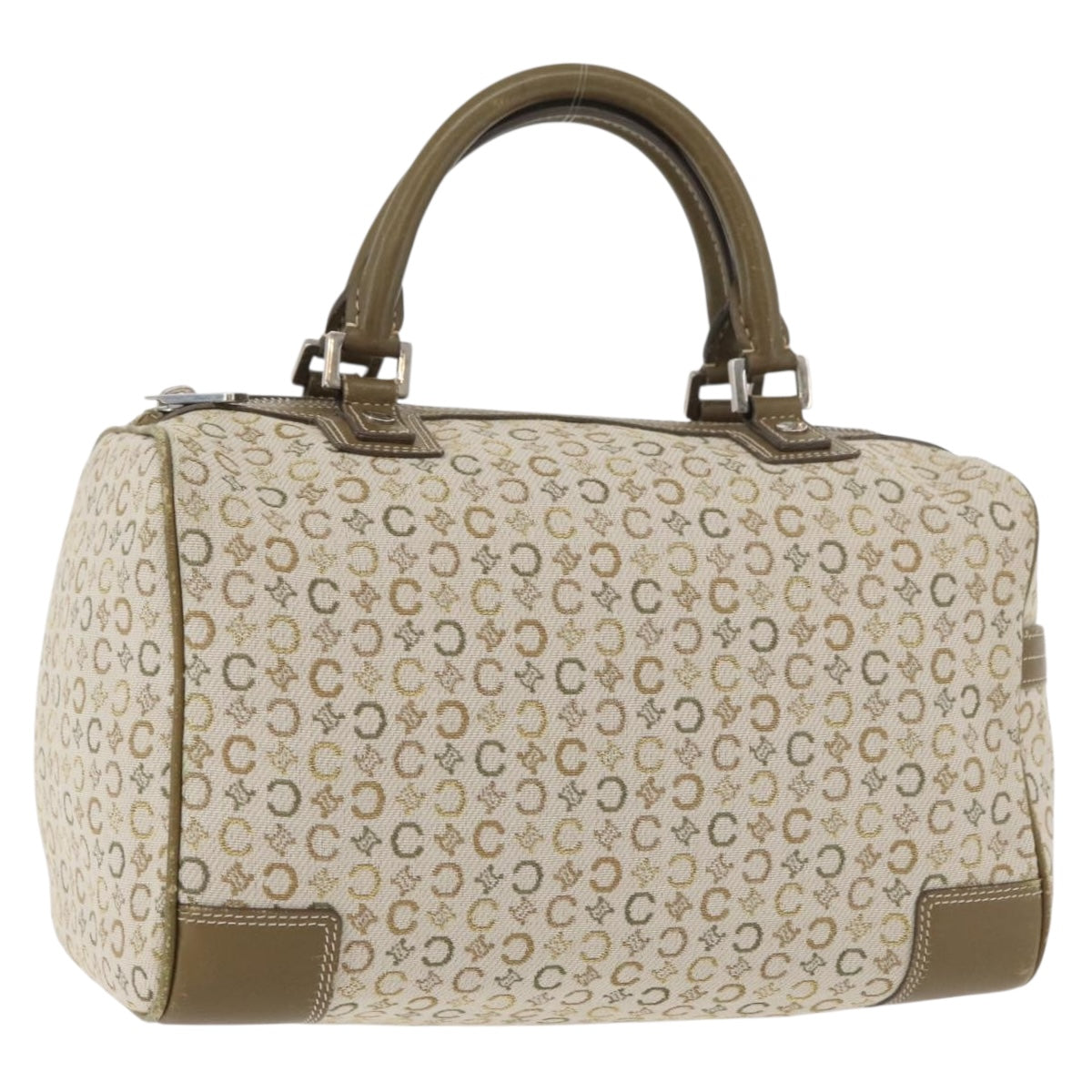 CELINE C Macadam Canvas Mini Boston Bag Khaki Silver Auth ep14462