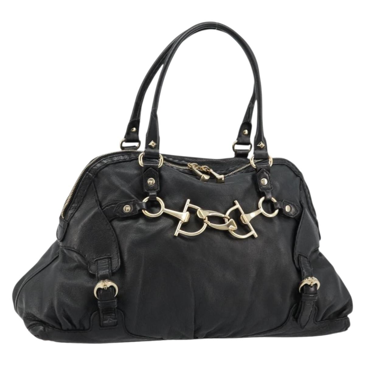 GUCCI Horsebit Hand Bag Leather Black Gold 189890 Auth ep14463