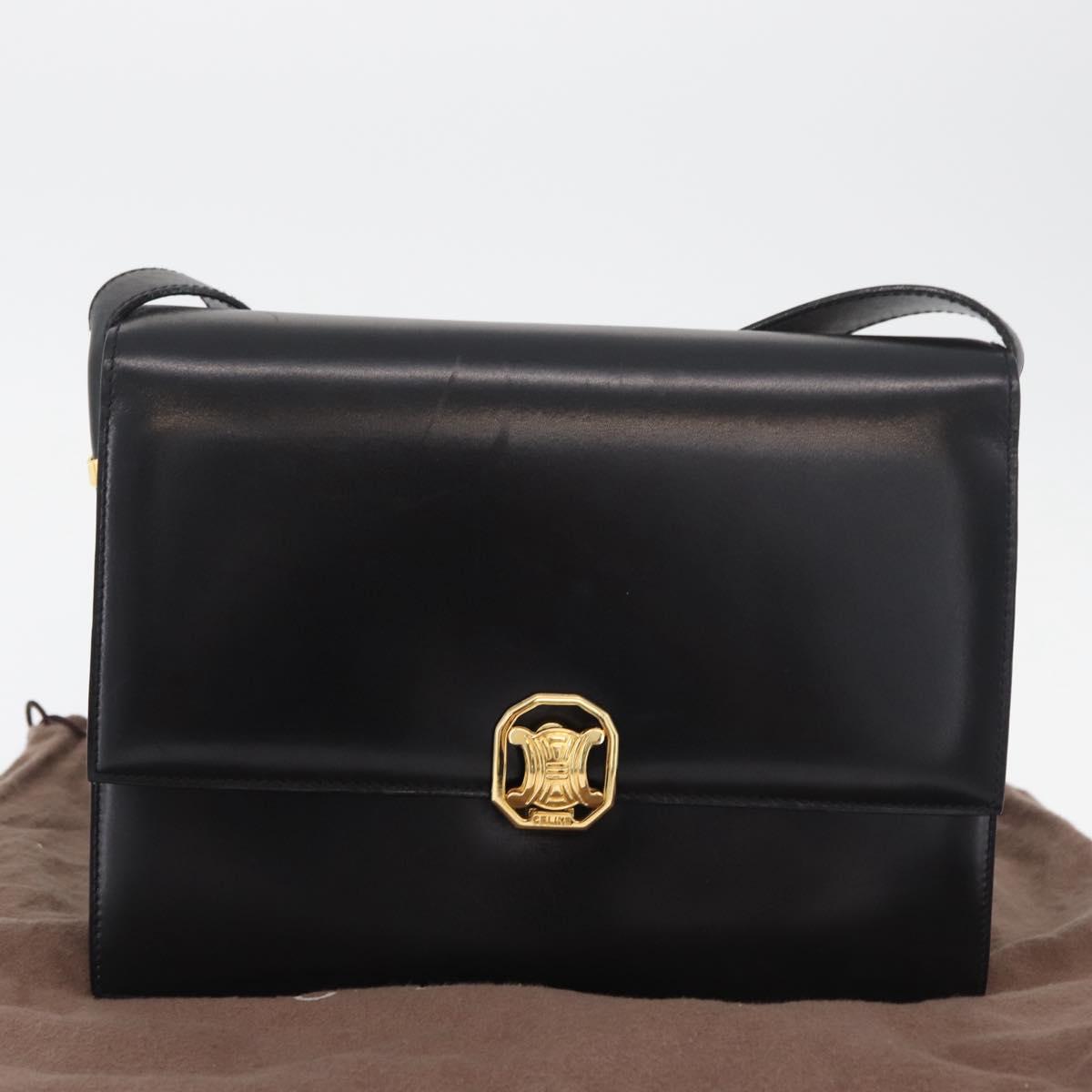 CELINE Shoulder Bag Leather Black Gold Auth ep14468V