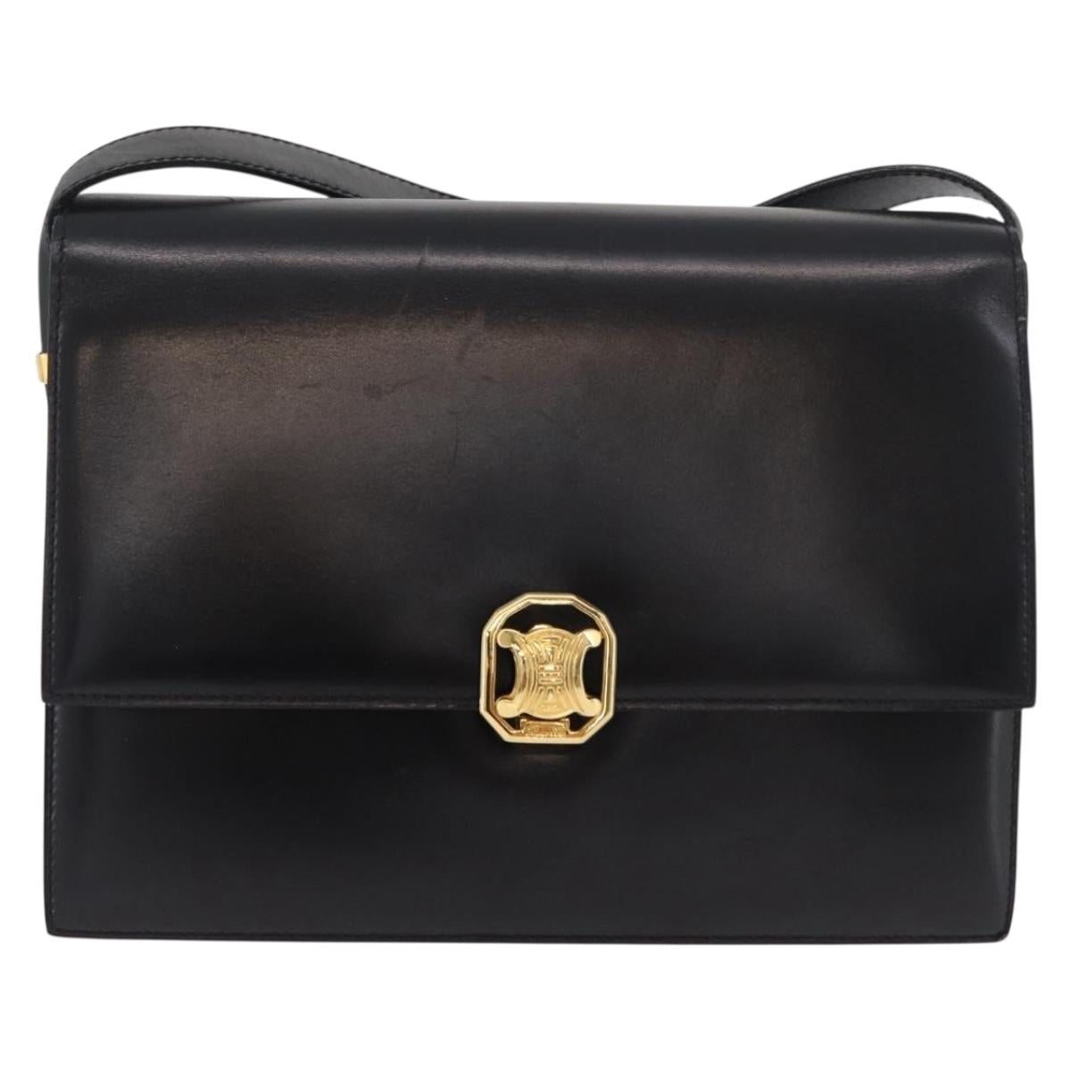 CELINE Shoulder Bag Leather Black Gold Auth ep14468V