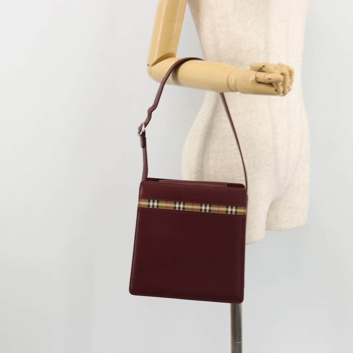 BURBERRY Nova Check Shoulder Bag Leather Bordeaux Silver Auth ep14479