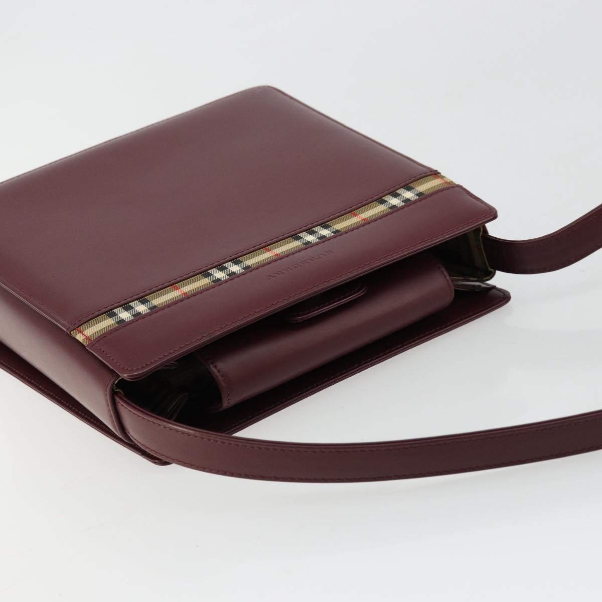 BURBERRY Nova Check Shoulder Bag Leather Bordeaux Silver Auth ep14479