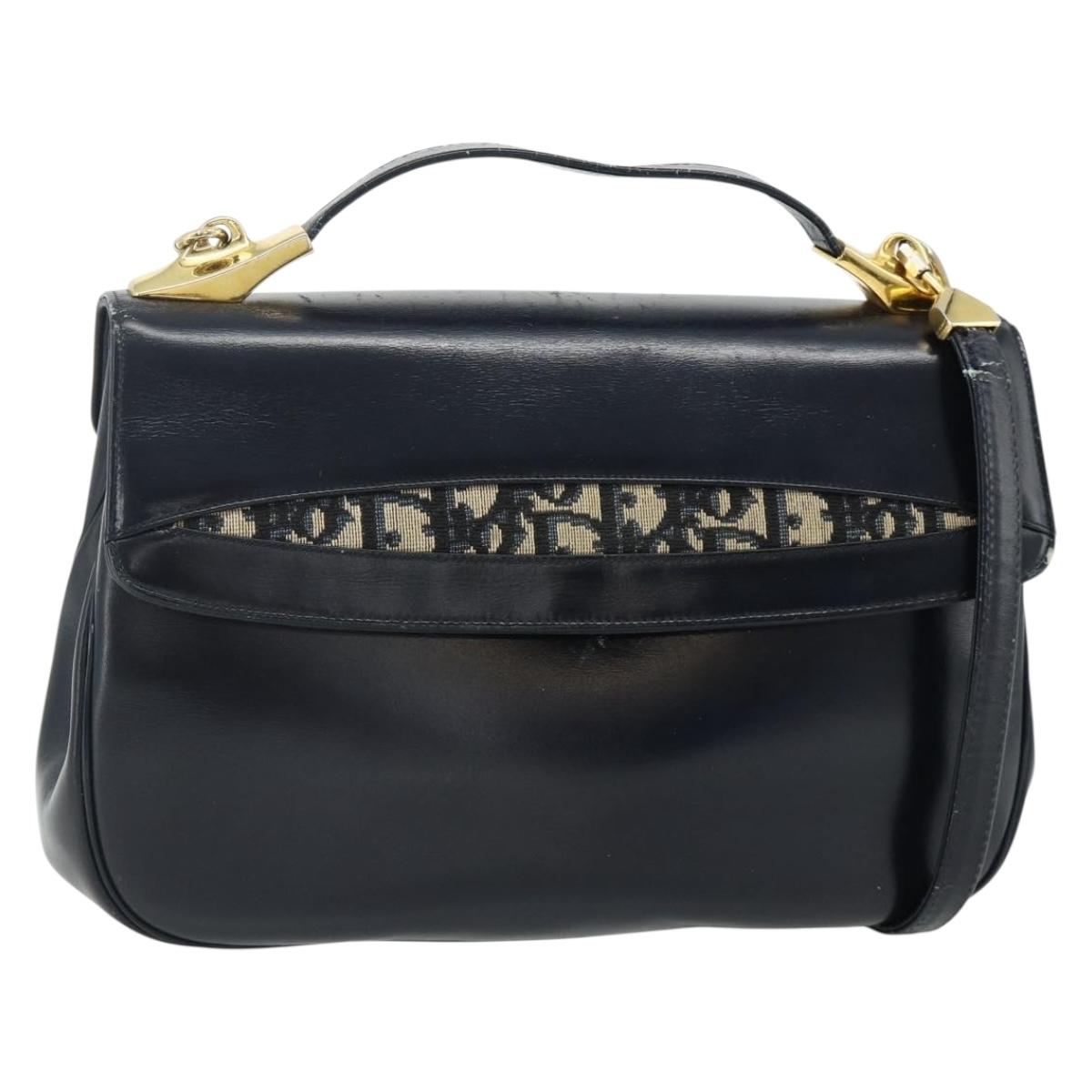 Christian Dior Trotter Canvas Hand Bag Leather 2way Navy Gold Auth ep14481