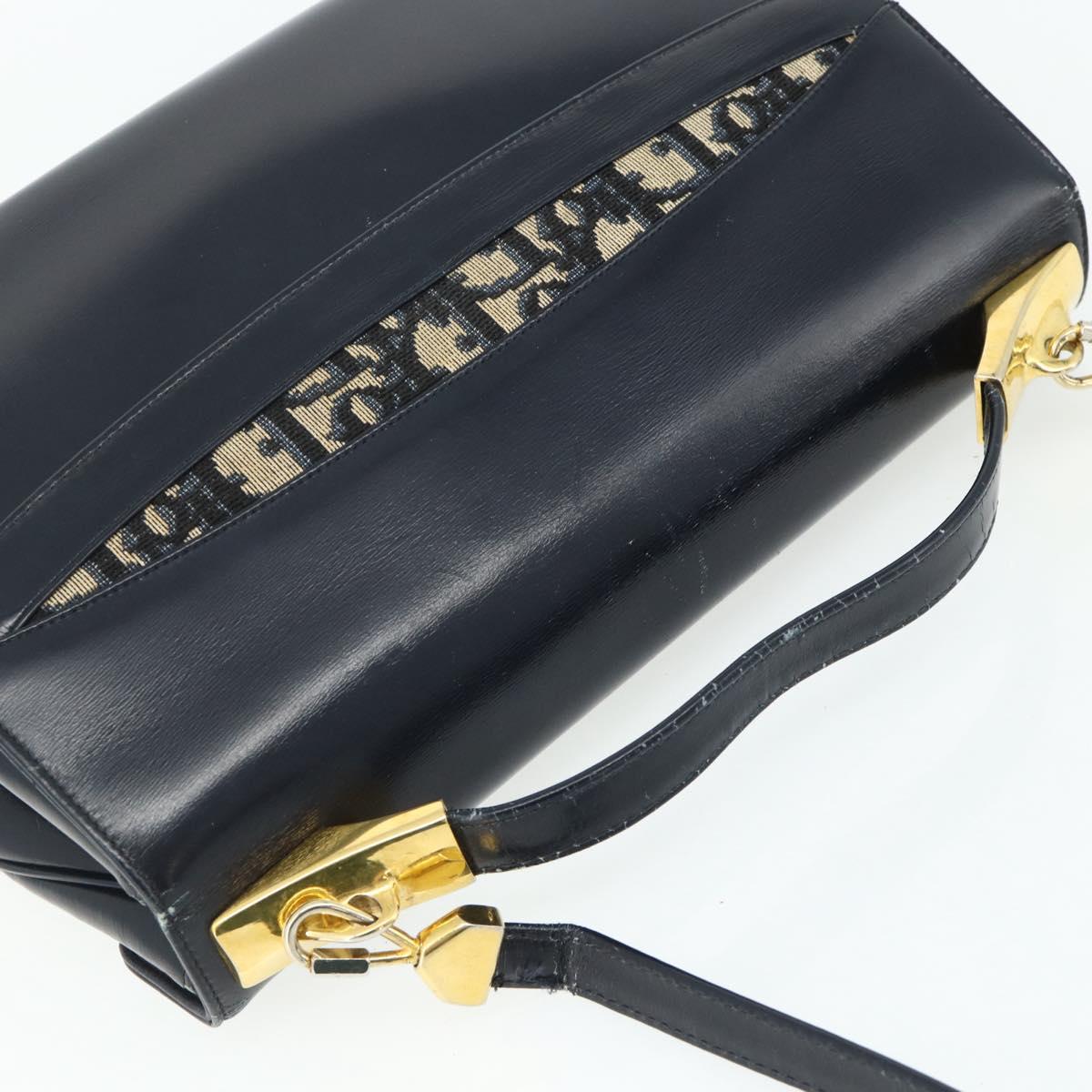 Christian Dior Trotter Canvas Hand Bag Leather 2way Navy Gold Auth ep14481