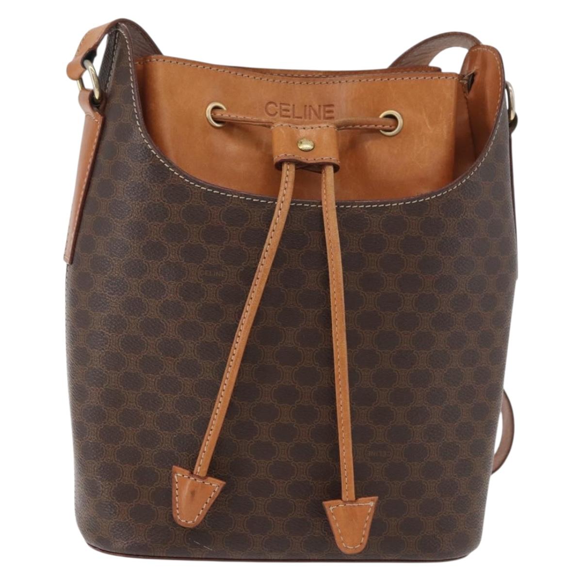 CELINE Macadam Canvas Shoulder Bag PVC Leather Brown Gold Auth ep14494