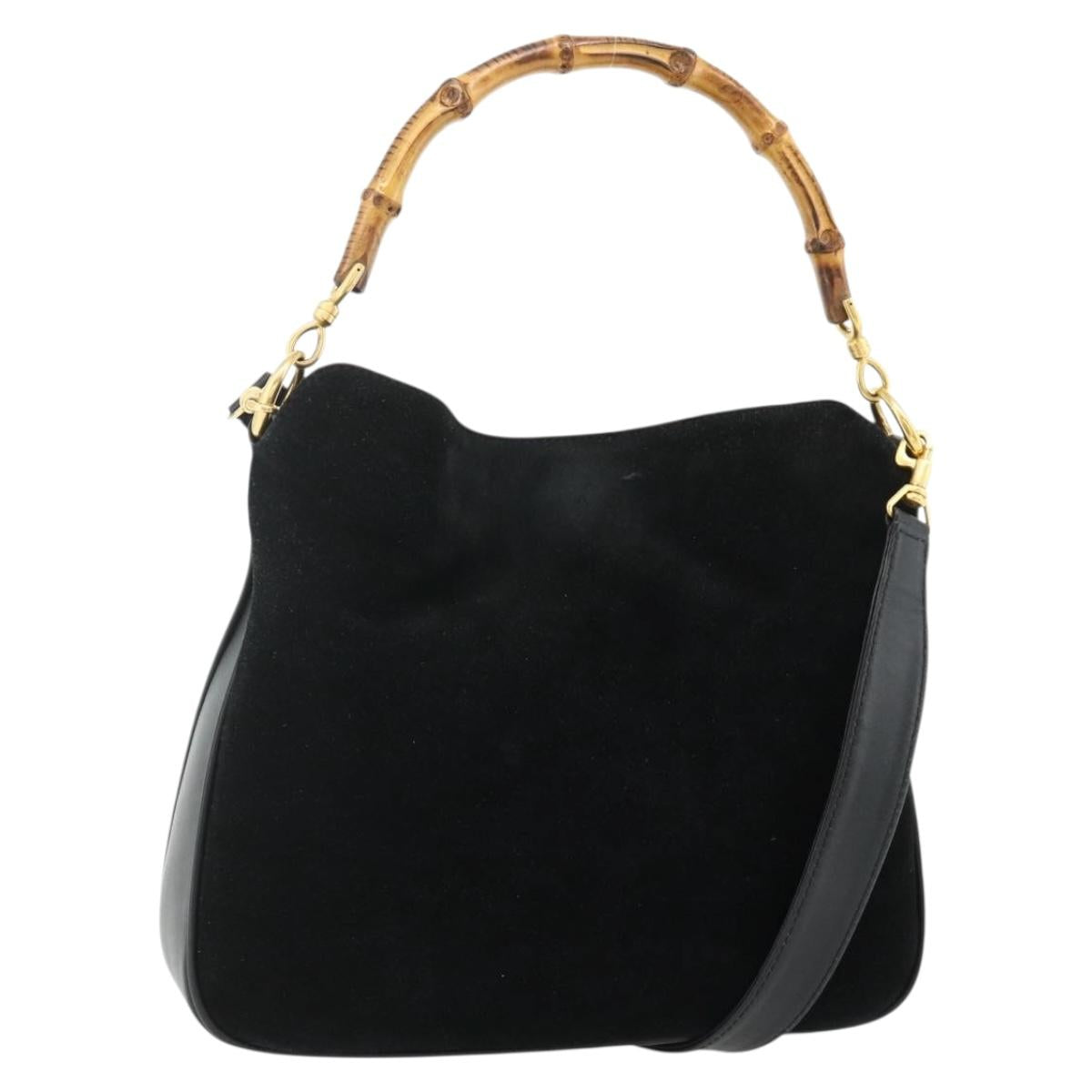 GUCCI Bamboo Shoulder Bag Suede 2way Black Gold 001 1014 1638 Auth ep14505