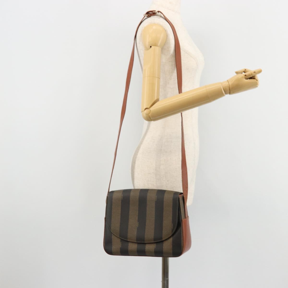 FENDI Pecan Canvas Shoulder Bag PVC Black Brown Auth ep14532