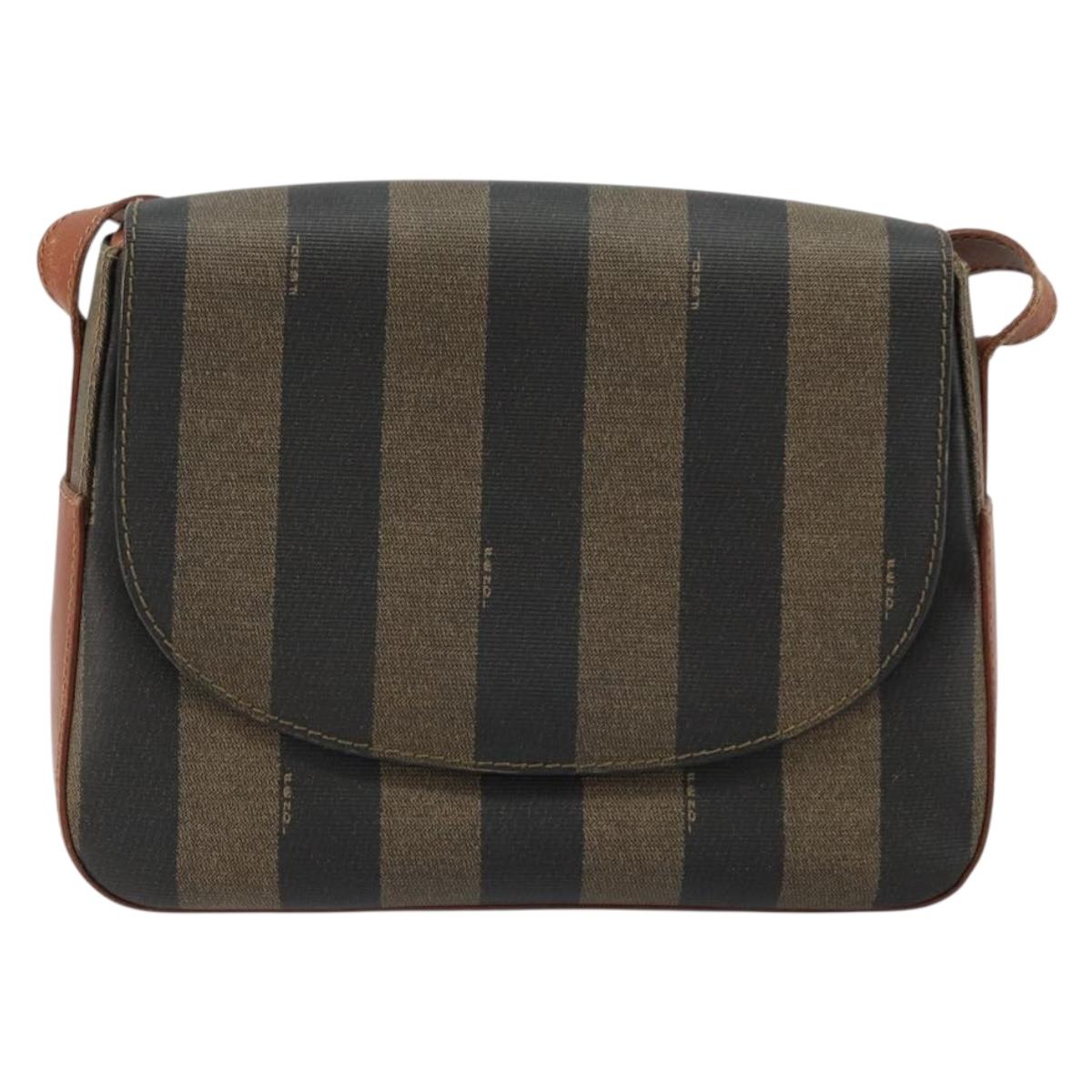 FENDI Pecan Canvas Shoulder Bag PVC Black Brown Auth ep14532