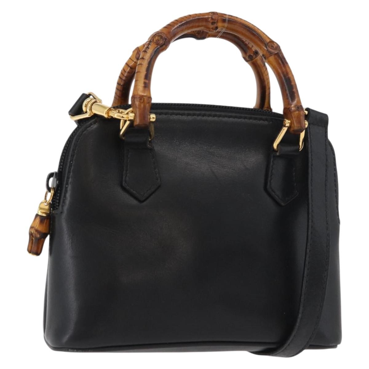 GUCCI Bamboo Hand Bag Leather 2way Black Gold 007 2032 0231 Auth ep14546