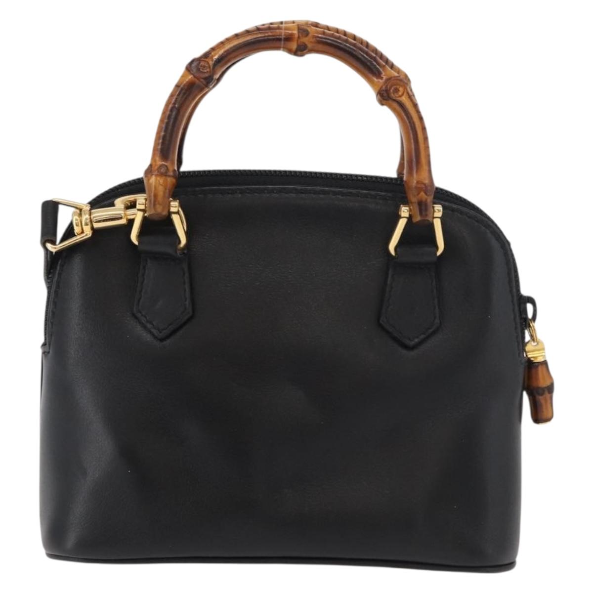 GUCCI Bamboo Hand Bag Leather 2way Black Gold 007 2032 0231 Auth ep14546