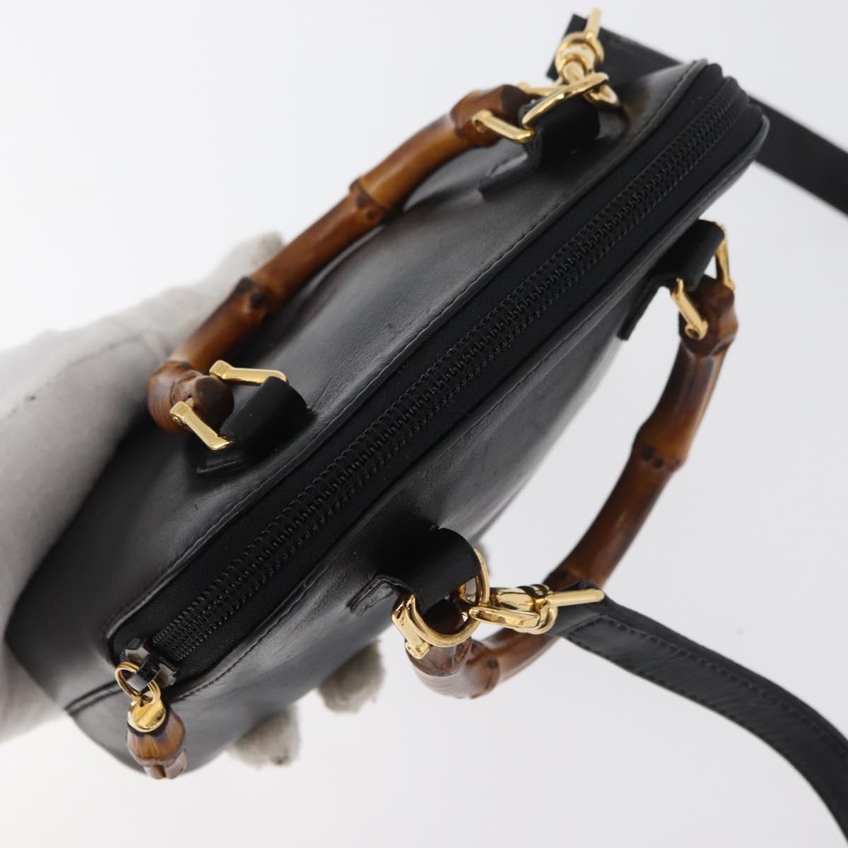 GUCCI Bamboo Hand Bag Leather 2way Black Gold 007 2032 0231 Auth ep14546