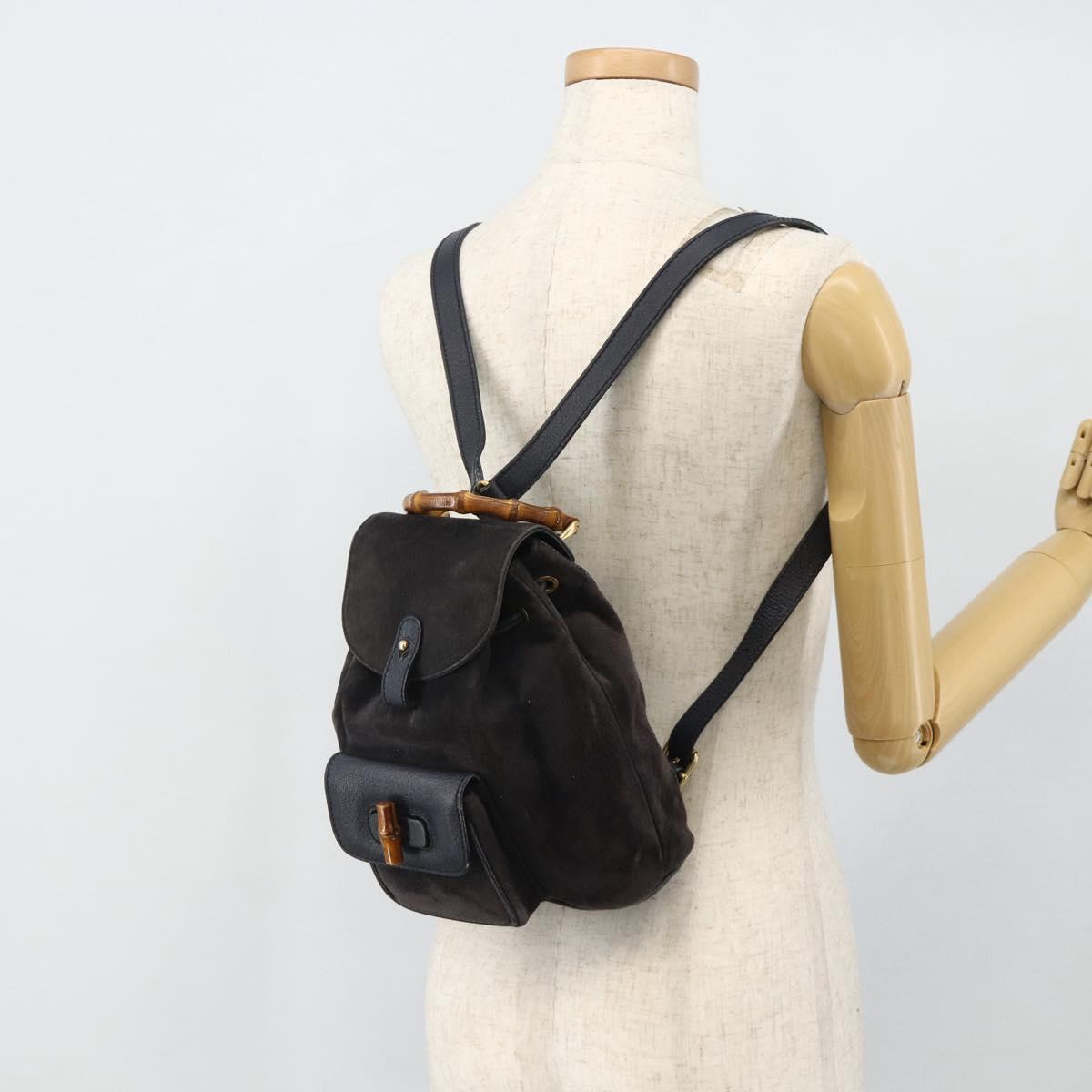 GUCCI Bamboo Backpack Suede Black Gold Auth ep14563