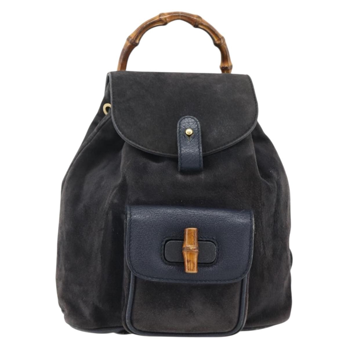 GUCCI Bamboo Backpack Suede Black Gold Auth ep14563