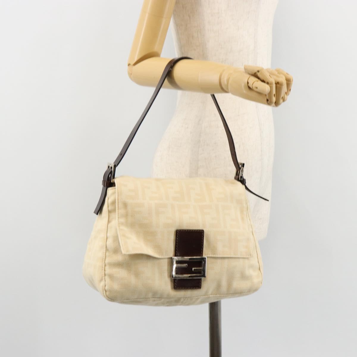 FENDI Zucca Canvas Mamma Baguette Shoulder Bag Beige Silver Auth ep14613A
